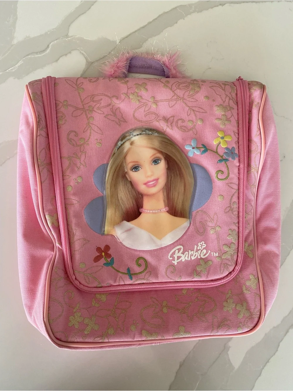 Vtg y2k Barbie Pink Hanging travel doll Makeup Bag w/ Hook & feather handle